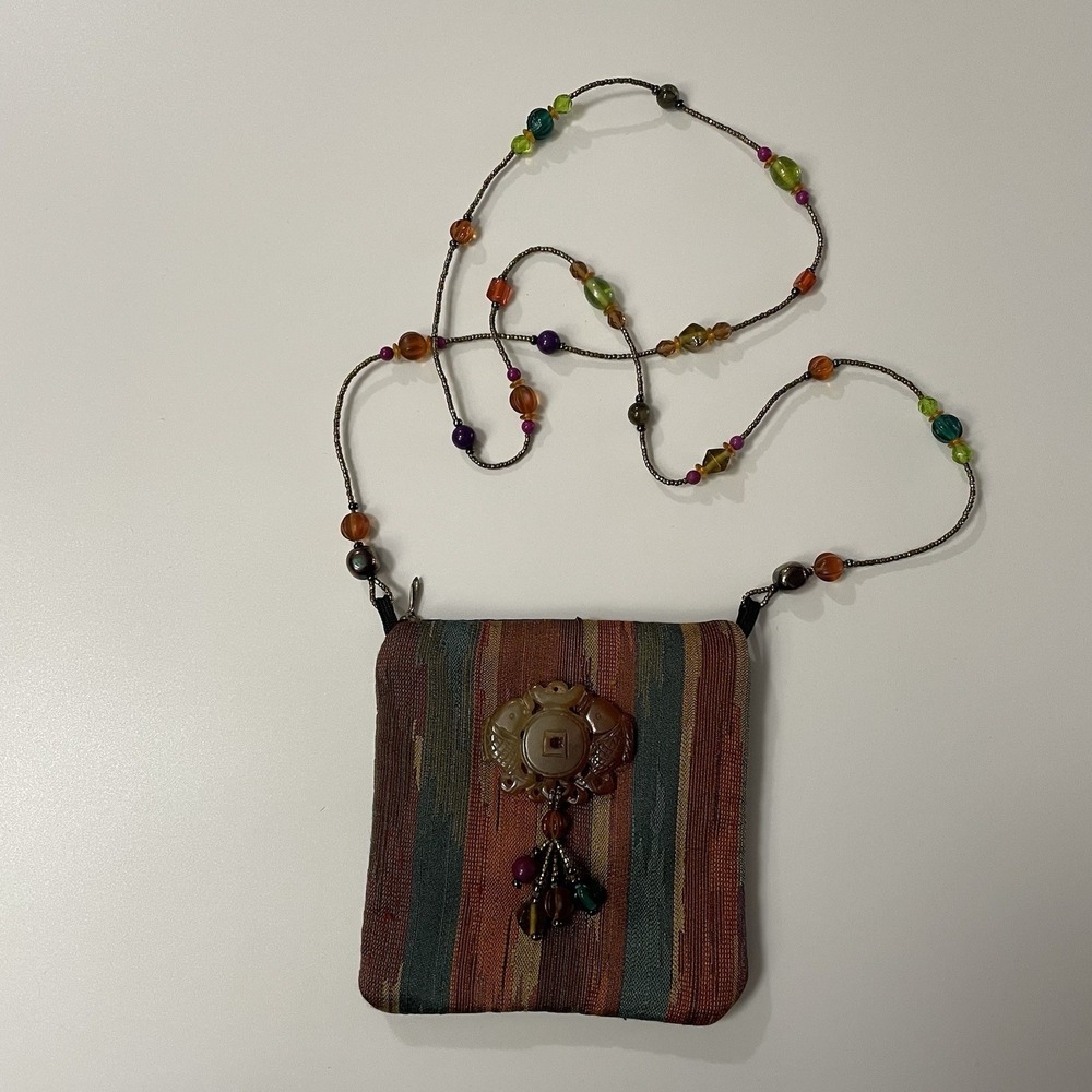 Asian Jade Koi Emblem‎ Crossbody Bag Beaded  Strap Art To Wear Boho Artisanal B5